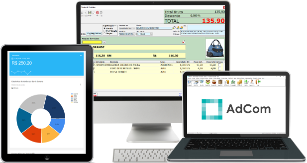 desktop, laptop e tablet com o Sistema AdCom