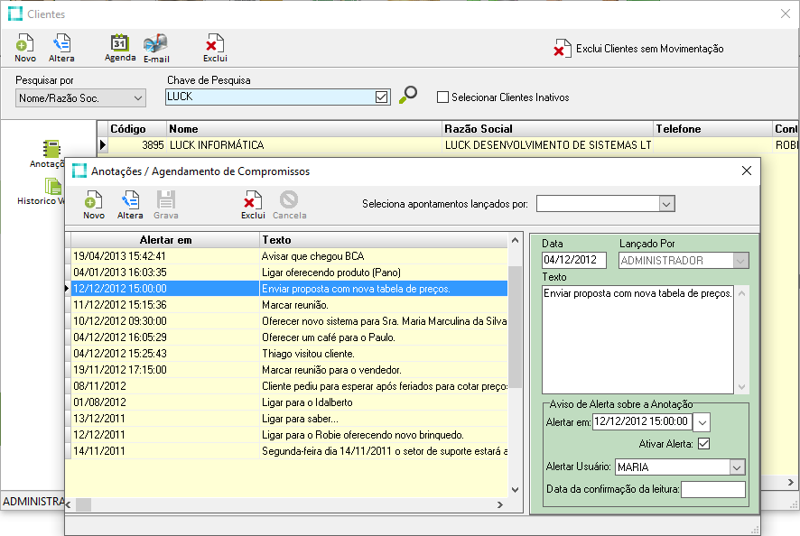 Tela para Registrar Apontamentos de um Cliente