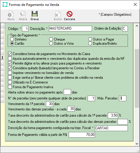 Exemplo de cadastro de forma de pagamento