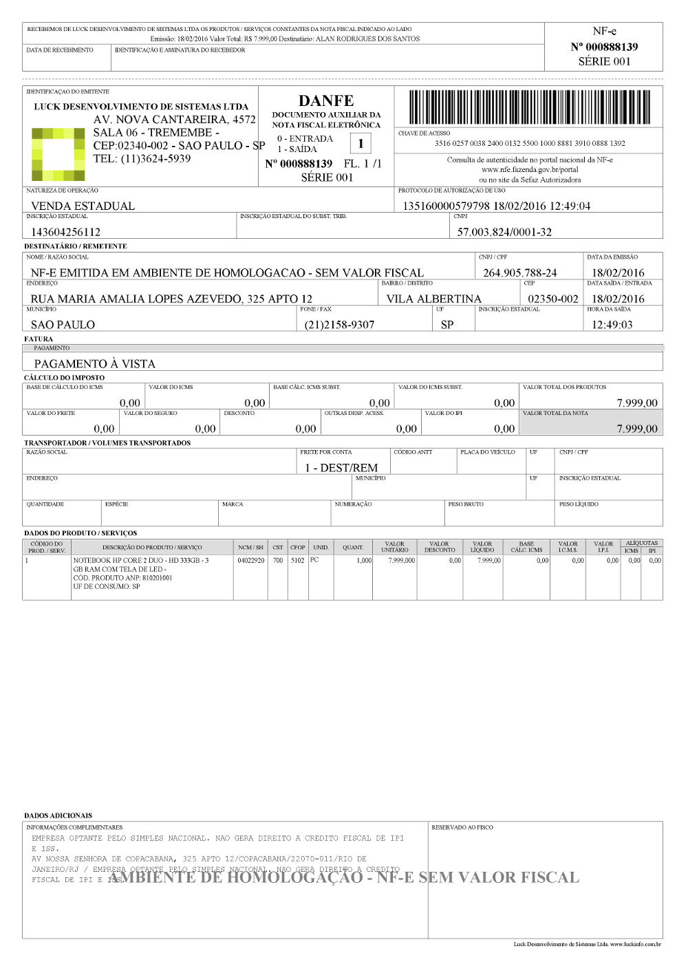 DANFE (Documento Auxiliar da Nota Fiscal Eletrônica