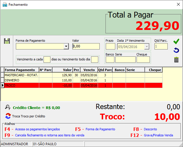 Tela de inserção de forma de pagamento na venda